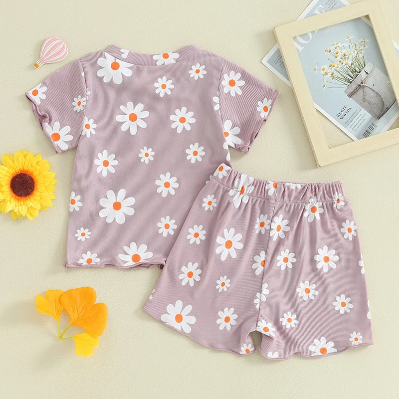 Toddler Baby Girl 2Pcs Spring Summer Clothes Floral Flowers Print Short Sleeve Crewneck Top with Matching Shorts Set Outfit