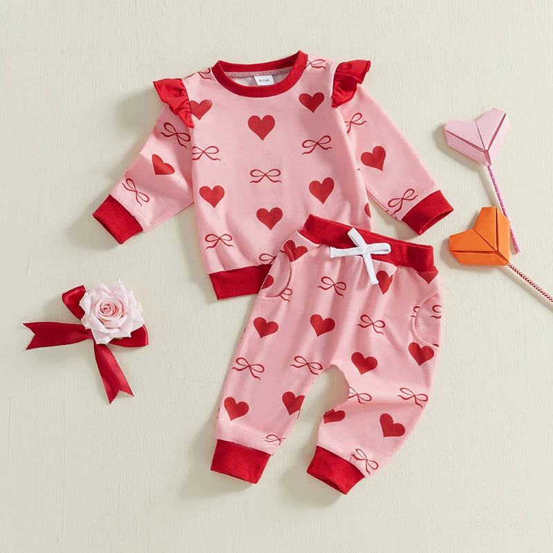 Baby Toddler Girls 2Pcs Valentine's Day Outfit Bow Heart Print Ruffle Long Sleeve Top and Elastic Jogger Pants Valentines Set