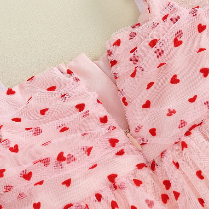 Baby Toddler Girl Valentine’s Day Dress Heart Print Short Puff Sleeve Tulle Princess