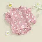 Baby Girl Bubble Romper Flower Daisy Print Round Neck Long Sleeve Jumpsuit