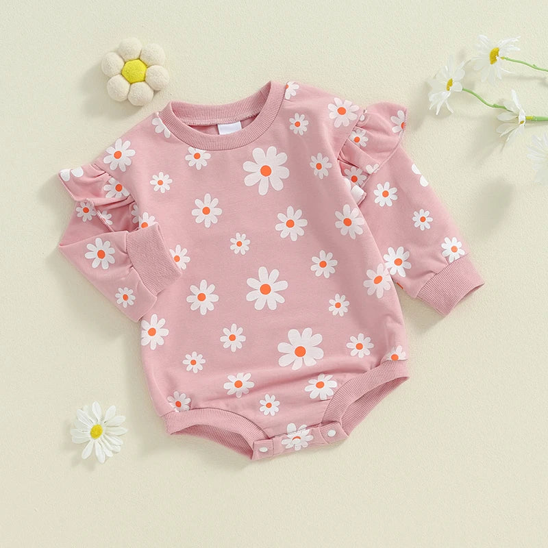 Baby Girl Bubble Romper Flower Daisy Print Round Neck Long Sleeve Jumpsuit