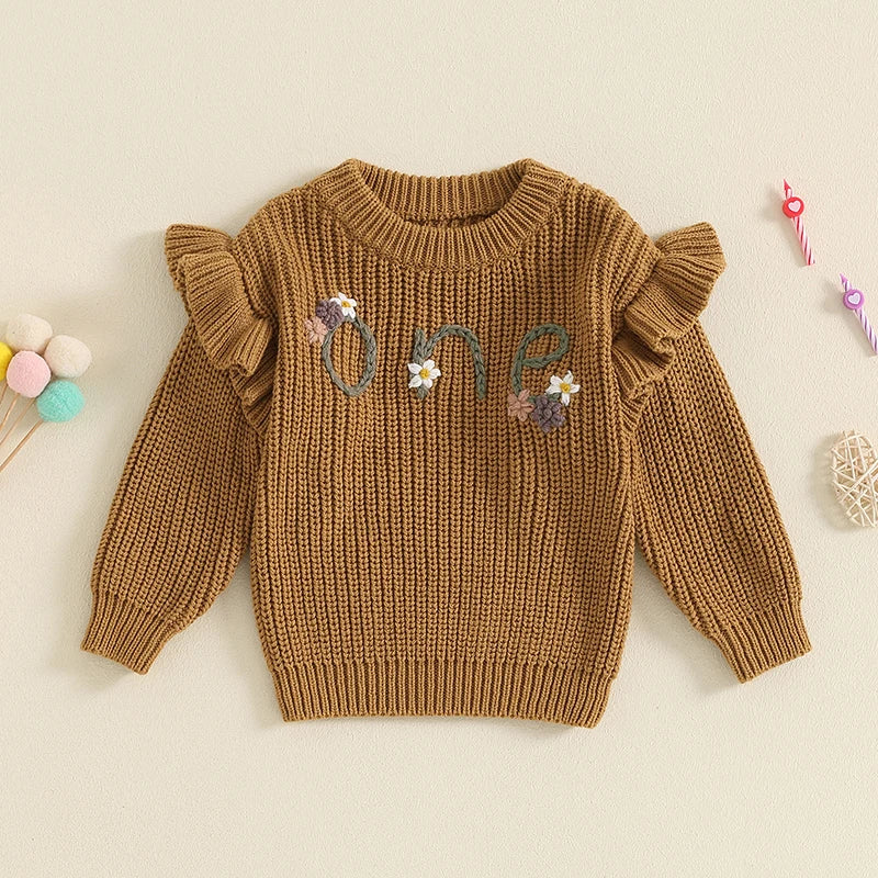 Baby Girl Birthday Sweater One Casual Floral Flowers Letter Embroidery Warm Long Sleeve Knitted Pullover Infant Knitwear Top