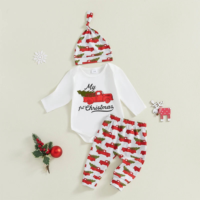 Baby Girls Boys 3Pcs My First 1st Christmas Outfit Long Sleeve Truck Tree Print Romper + Pants + Hat Set