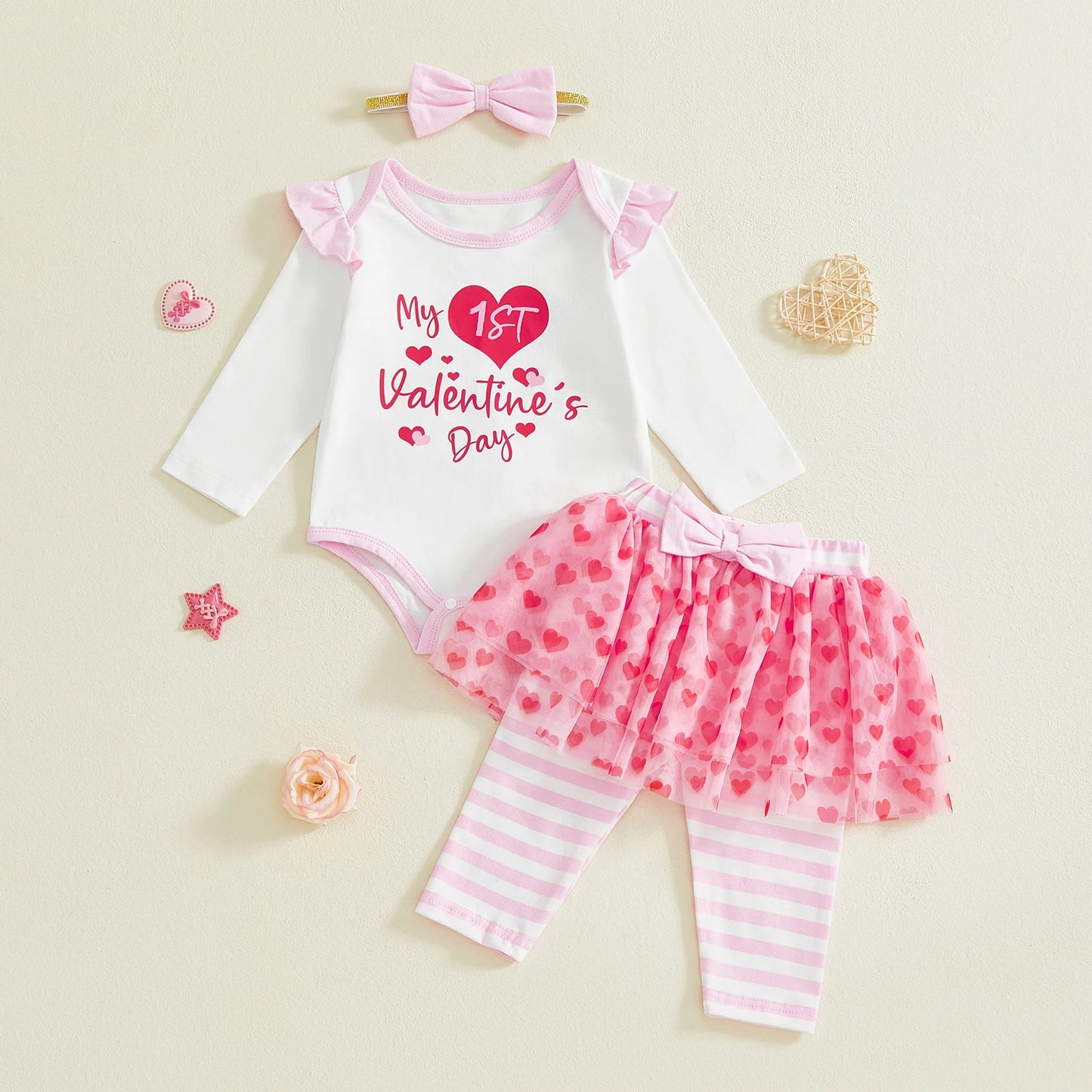 Baby Girl 3Pcs Valentines Day Outfit Heart Ruffle Long Sleeve Romper Striped Skirt Pants and Bow Headband 3 Piece Set