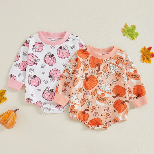 Baby Girl Halloween Fall Thanksgiving Romper Pumpkin Latte Flowers Floral Print Round Neck Long Sleeve Bubble Jumpsuit