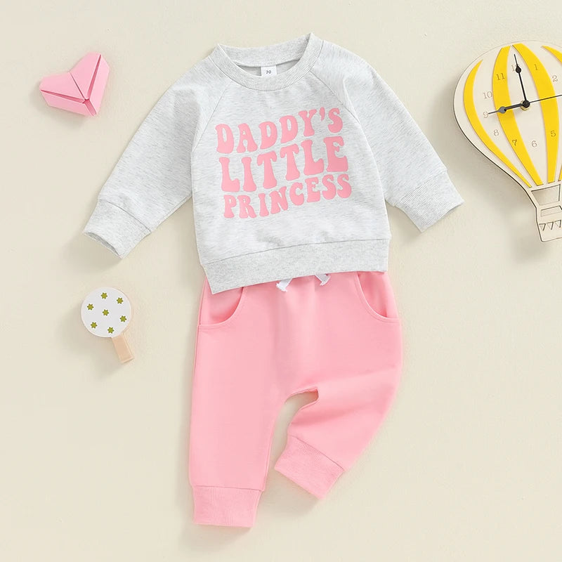 Baby Toddler Girls 2Pcs Daddy's Little Princess Long Sleeve Letter Print Top Solid Color Pants Outfit Set