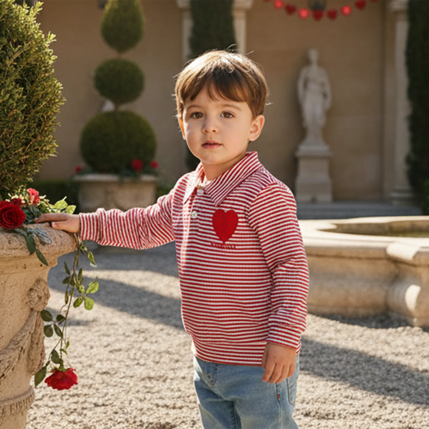Baby Toddler Valentine's Day Long Sleeve Turn-down Collar Striped Embroidery Heart Top
