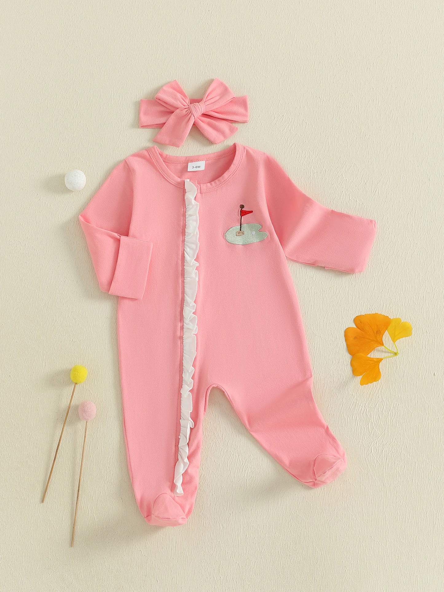 Baby Girls 2Pcs Footies Rompers Golf Embroidered Long Sleeve Round Neck Infant Fall Jumpsuits with Headband Set