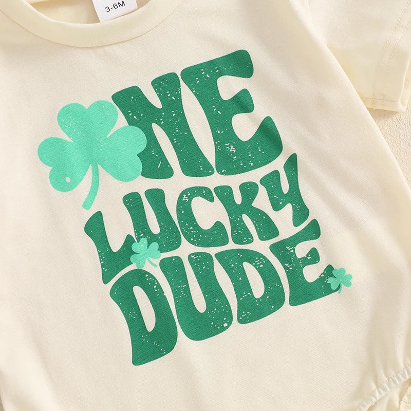 Baby Boys One Lucky Dude St. Patrick's Day Letters Shamrock Romper Infant Irish Clothes Short Sleeve Jumpsuit