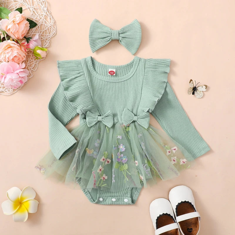 Baby Toddler Girls 2Pcs Outfit Floral Mesh Ruffles Long Sleeve Romper Dress Skirt Tutu and Headband Set