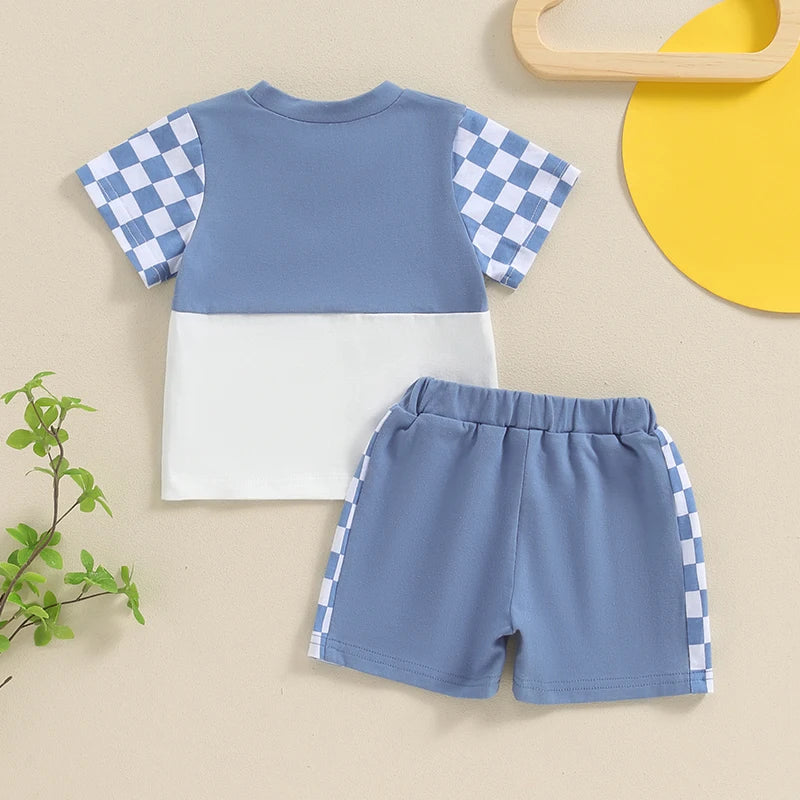 Baby Toddler Boys 2Pcs Summer Short Sleeve Checkerboard Print Top Drawstring Shorts Set Outfit