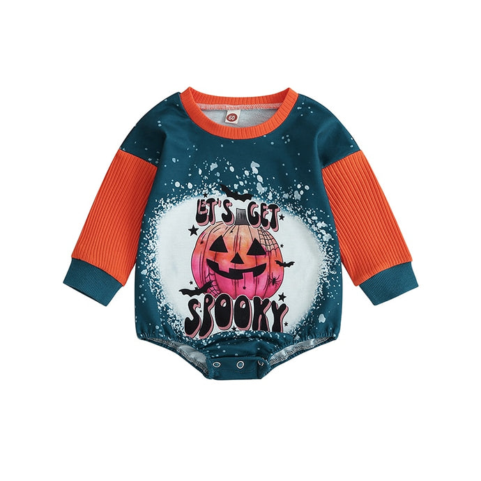 Baby Girl Boy Halloween Bodysuit Lets Get Spooky Pumpkin Print Long Sleeve Romper Jumpsuit