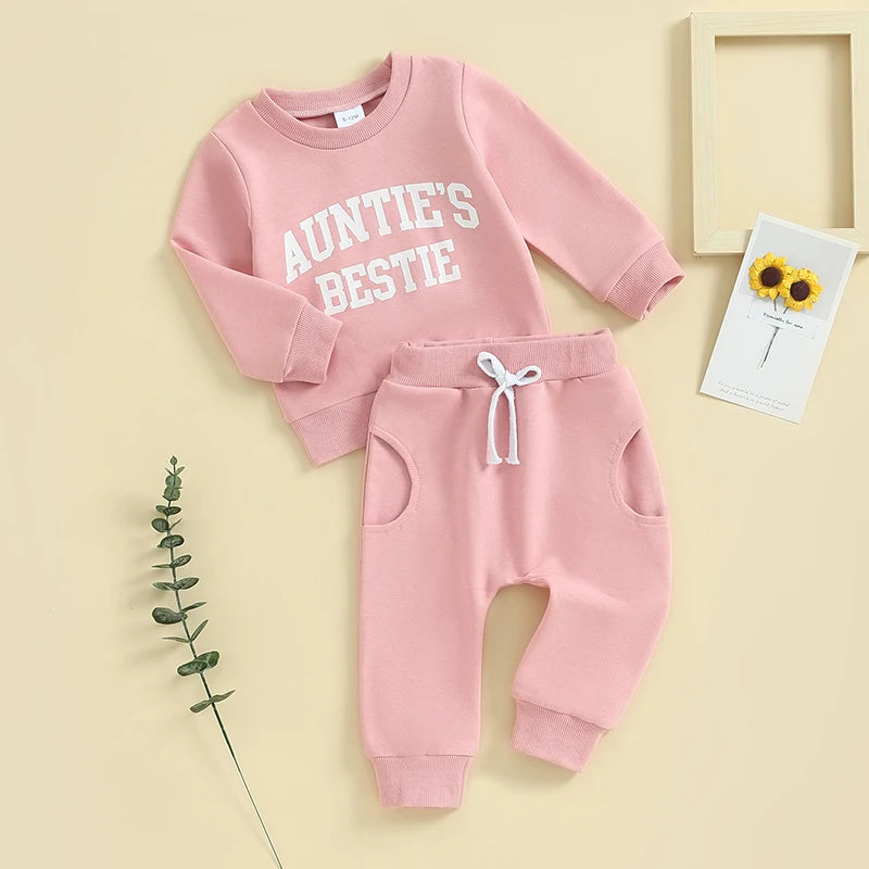 Baby Toddler Girls 2Pcs Outfit Auntie's Bestie Long Sleeve Crewneck Top Jogger Pants Set