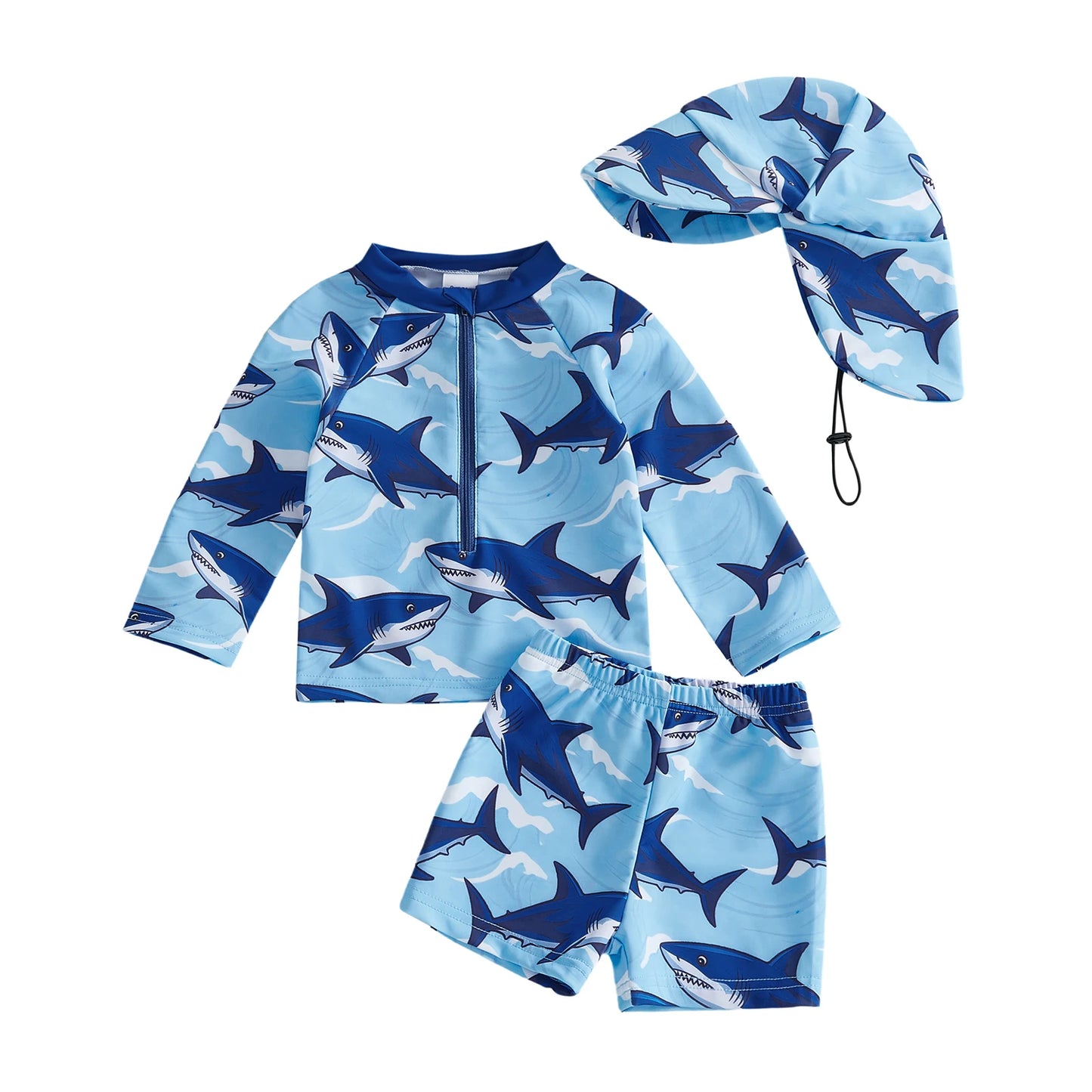 Baby Toddler Boys 3Pcs Rash Guard Swimsuit Print Zip Up Long Sleeve Swimwear Top Swim Shorts and Hat Set