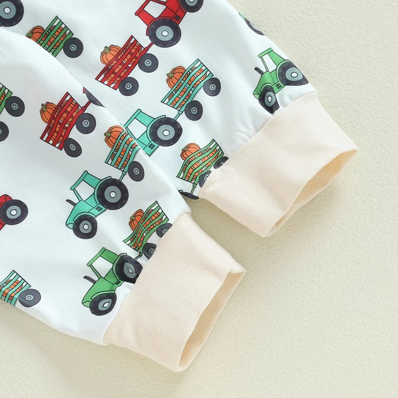 Baby Boys 3Pcs A Little Dirt Never Hurt Outfit Pumpkin Long Sleeve Romper Tractor Pattern Pants Hat Clothes Set