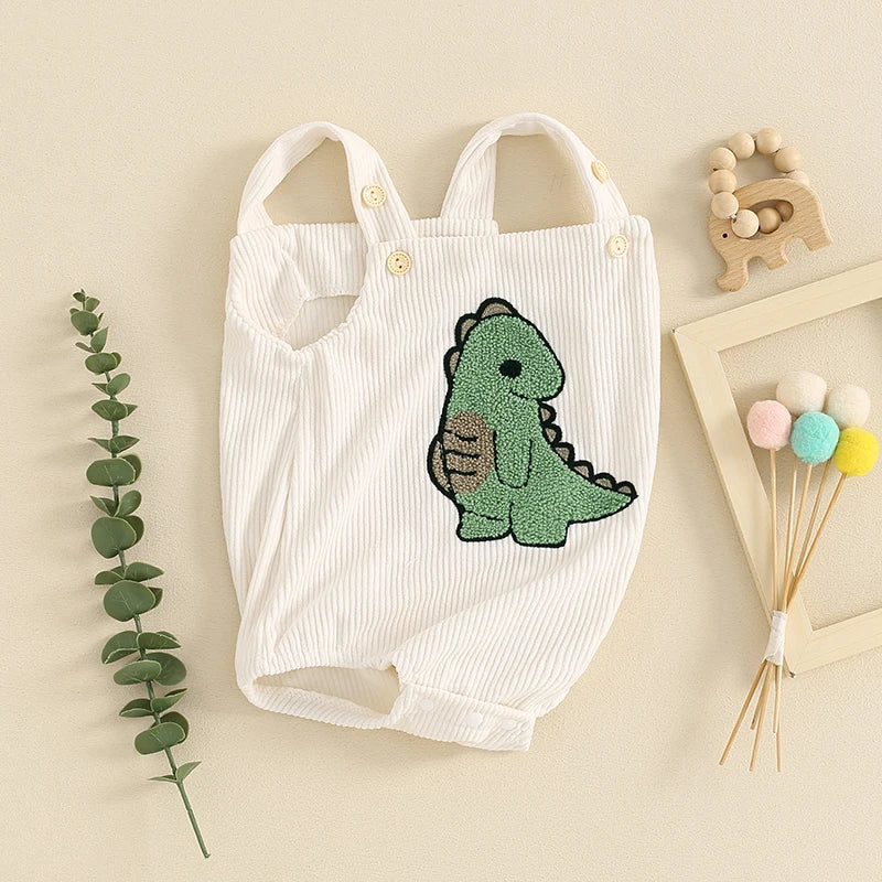 Baby Boys Girls Corduroy Romper Casual Square Neck Sleeveless Overall Chicken Dinosaur Baseball Tractor Embroidery Summer Jumpsuit