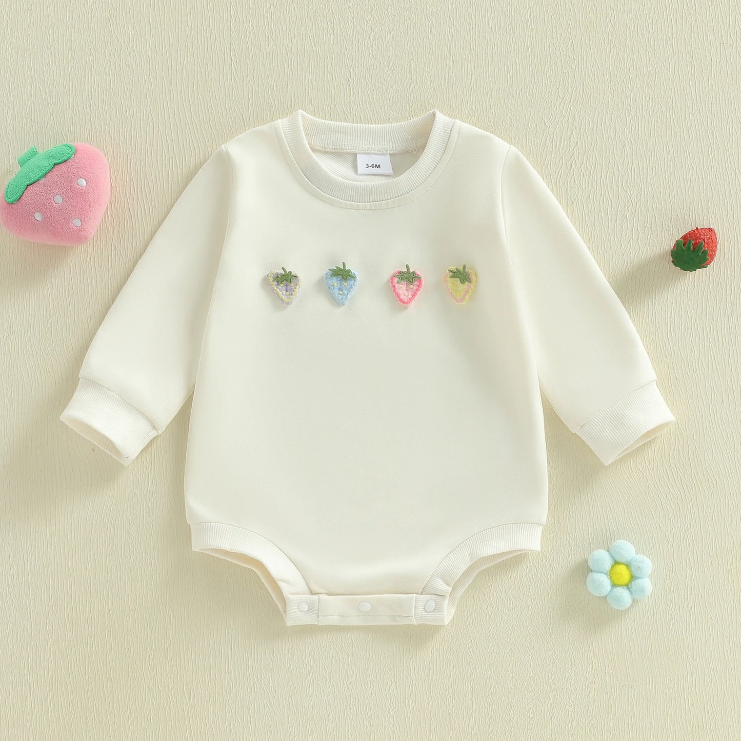 Baby Girls Spring Romper Strawberry Flower Embroidery Long Sleeve Round Neck Bubble Jumpsuit