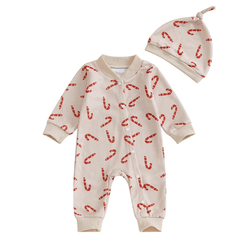 Baby Girl Boy 2Pcs Christmas Romper Candy Cane Print Long Sleeve Full Length Jumpsuit with Beanie Hat Set Outfit