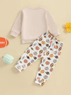 Baby Toddler Boys 2Pcs Game Day Fall Set Long Sleeve Football Embroidery Pullover Top and Pumpkin Print Pants Outfit