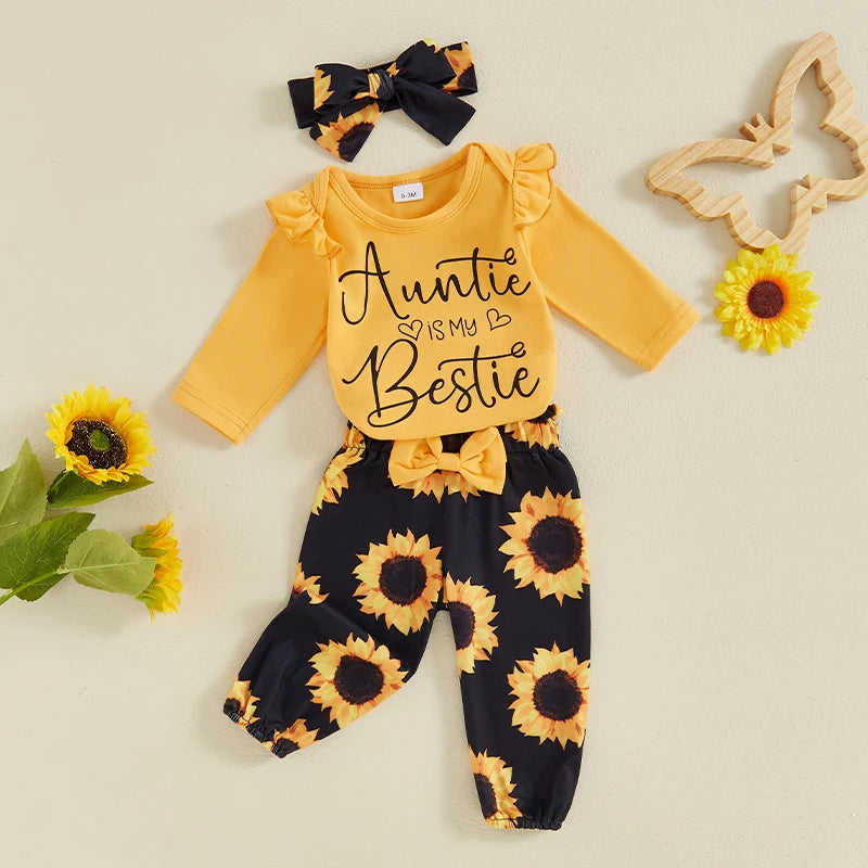 Baby Girls 3Pcs Auntie Is My Bestie Outfit Letter Print Long Sleeve Romper and Elastic Waist Sunflower Print Pants Headband Set