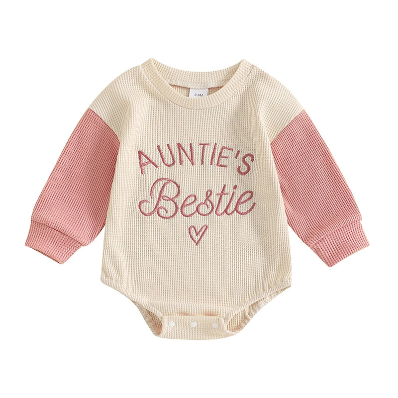 Baby Girls Auntie's Bestie Long Sleeve Embroidery Letters Heart Romper Waffle Bodysuit