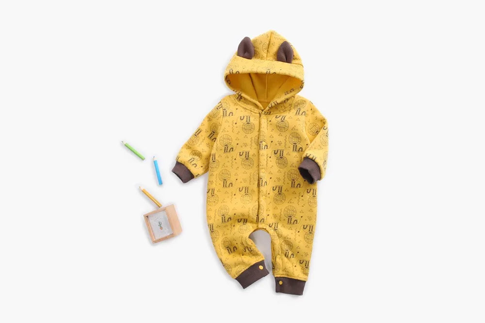 Baby Toddler Boy Girl Winter Clothes Fleece Thick Baby Romper Warm Long Sleeve Hooded Ears Jumpsuit