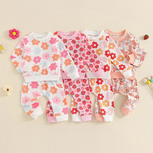 Baby Toddler Kids Girls 2Pcs Fall Outfit Floral Strawberry Flower Print Crew Neck Long Sleeve Top and Long Pants Clothes Set