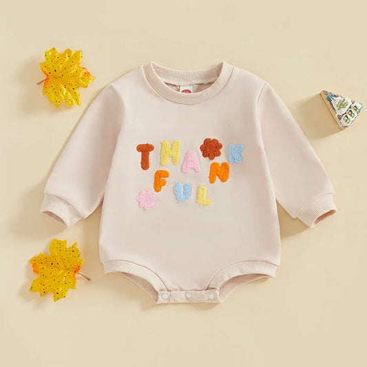 Baby Girls Thanksgiving Thankful Bubble Romper Letter Floral Embroidery O-Neck Long Sleeve Jumpsuit