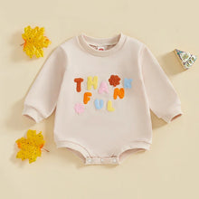 Load image into Gallery viewer, Baby Girls Thanksgiving Thankful Bubble Romper Letter Floral Embroidery O-Neck Long Sleeve Jumpsuit
