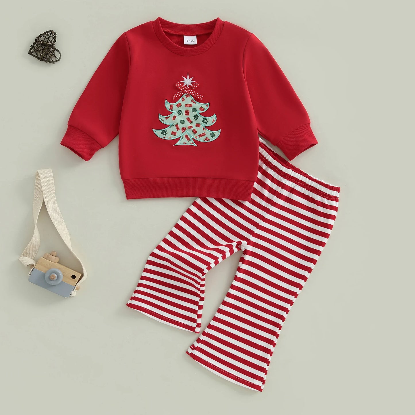 Baby Toddler Girl 2Pcs Christmas Outfit Tree Embroidery Long Sleeve Round Neck Pullover Top Stripe Flare Pants Set