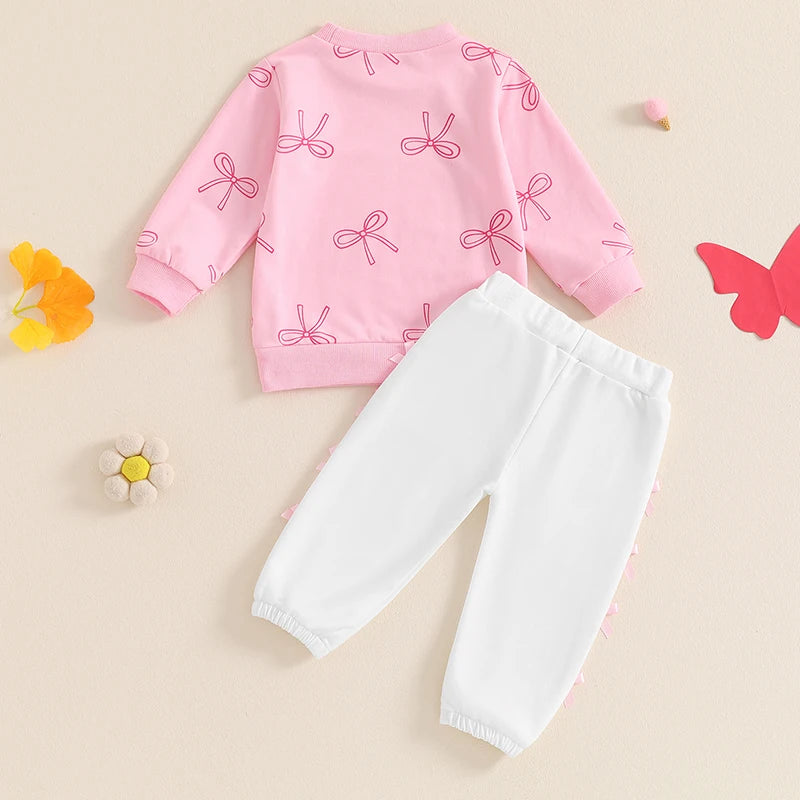 Baby Toddler Girls 2Pcs Fall Outfit Bow Print Print Long Sleeve Top and Elastic Pants Outfit Set