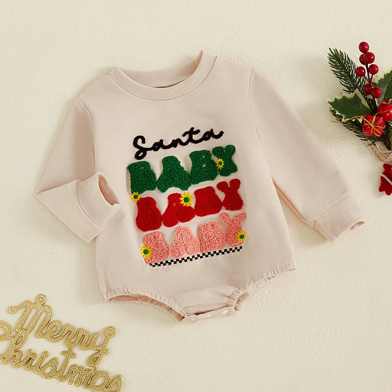 Baby Girls Boys Santa Baby Bubble Romper Christmas Letter Embroidered Long Sleeve Winter Jumpsuit