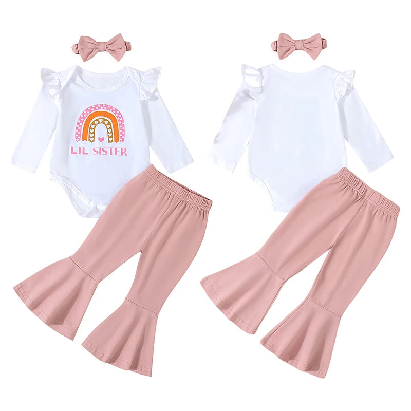 Baby Girls 3Pc Lil Sister Fall Outfit Rainbow Letter Print Long Sleeve Romper Elastic Waist Flare Pants Bow Headband Set