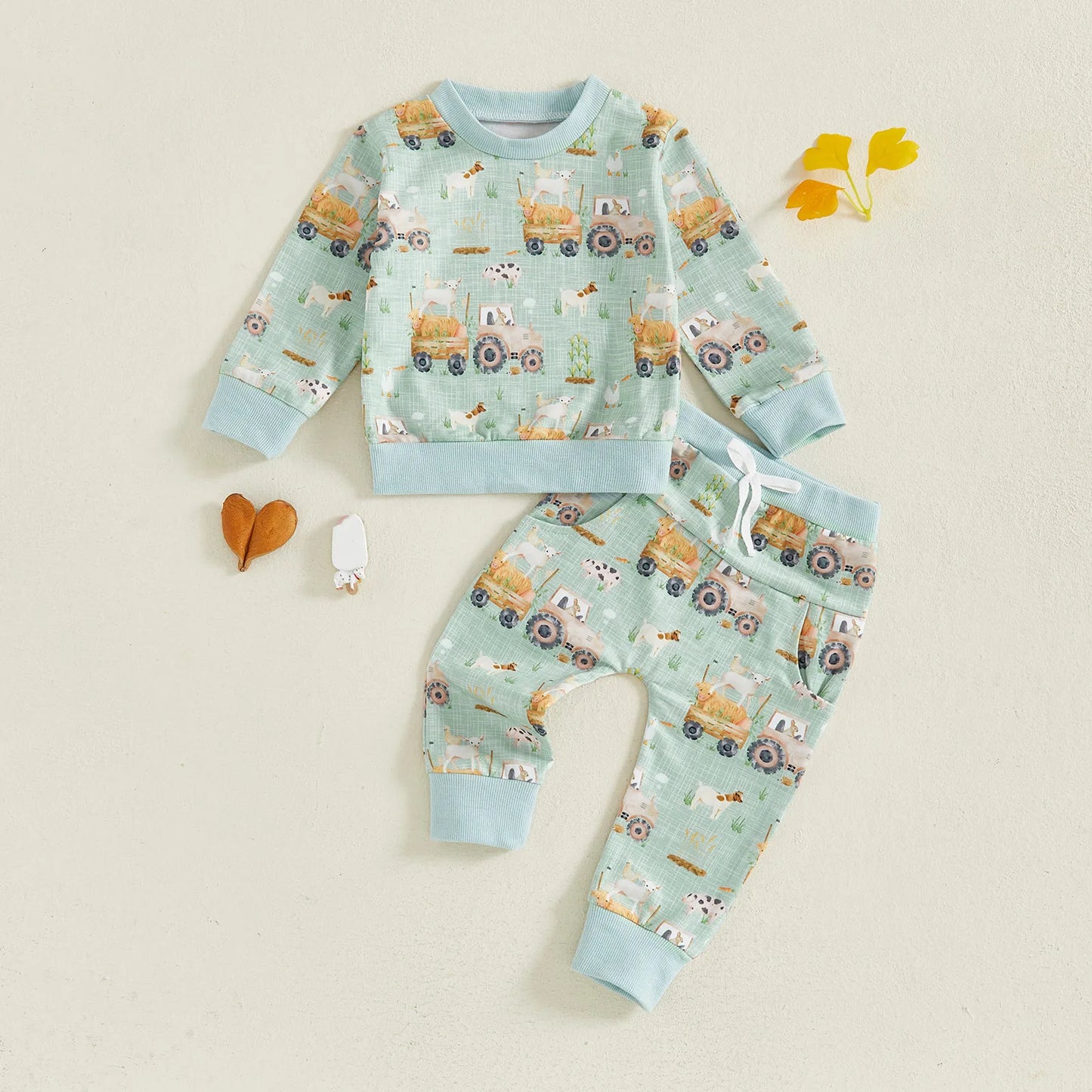 Baby Toddler Boys 2Pcs Fall Outfit Farm Animal/Tractor Print Long Sleeve Top and Elastic Pants 2Piece Clothes Jogger Set
