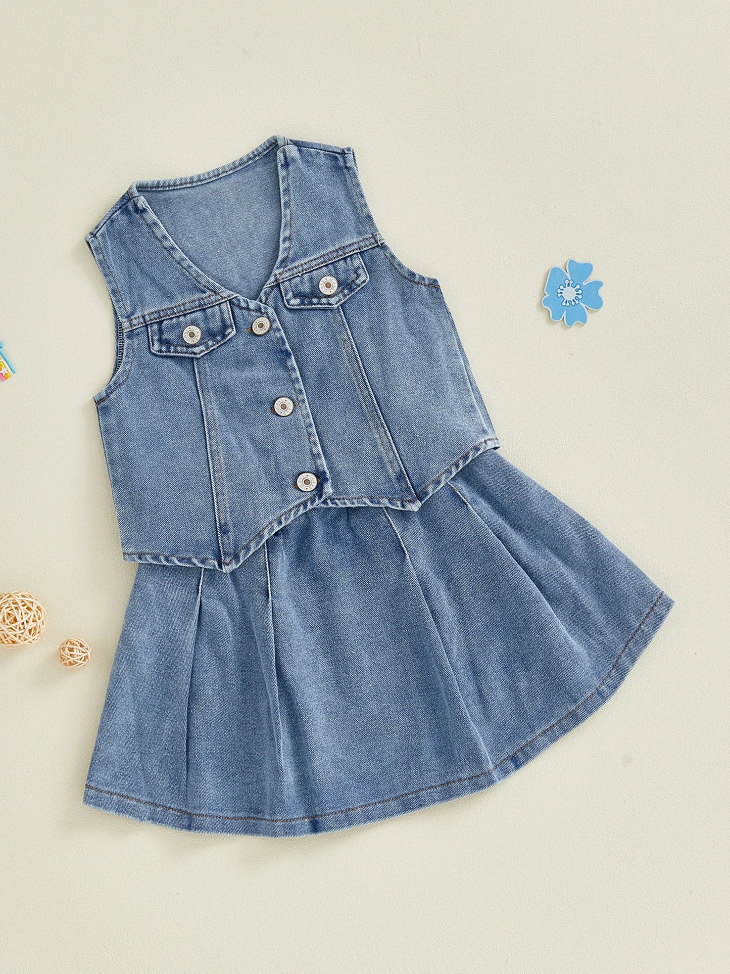Toddler Kids Girls 2Pcs Denim Set Solid Color V-Neck Button Down Vest and Pleated Skirt 2 Piece Outfit