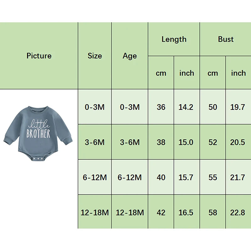 Baby Boys Little Brother Bubble Romper Letter Print Round Neck Long Sleeve Bodysuit Jumpsuit