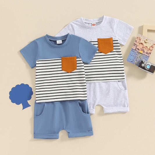 Toddler Baby Boy 2Pcs Summer Outfit Stripe Print Short Sleeve Pocket Top with Solid Color Shorts Set