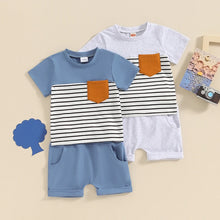 Load image into Gallery viewer, Toddler Baby Boy 2Pcs Summer Outfit Stripe Print Short Sleeve Pocket Top with Solid Color Shorts Set
