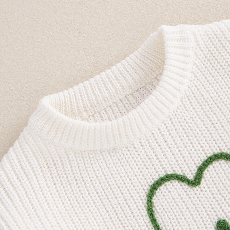 Baby Toddler Kids Boys Girls Lucky Knit Sweater Long Sleeve Round Neck Shamrock Letter Embroidery Pullover Spring St. Patrick's Day Top