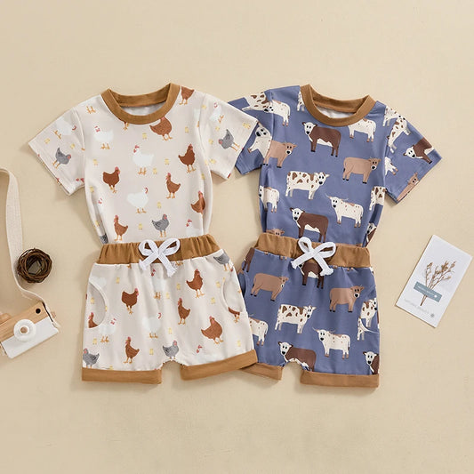 Baby Toddler Boy 2Pcs Farm Outfit Cartoon Animal Chicken Cow Print Short Sleeve Top with Elastic Waist Shorts Set