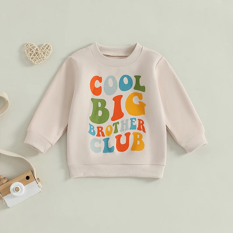 Toddler Kids Boys Cool Big Brother Club Fall Colorful Letter Print Long Sleeve Round Neck Pullover Loose Fall Top