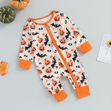 Load image into Gallery viewer, Baby Boy Girl Halloween Jumpsuit Long Sleeve Crew Neck Pumpkin Print Zipper Romper
