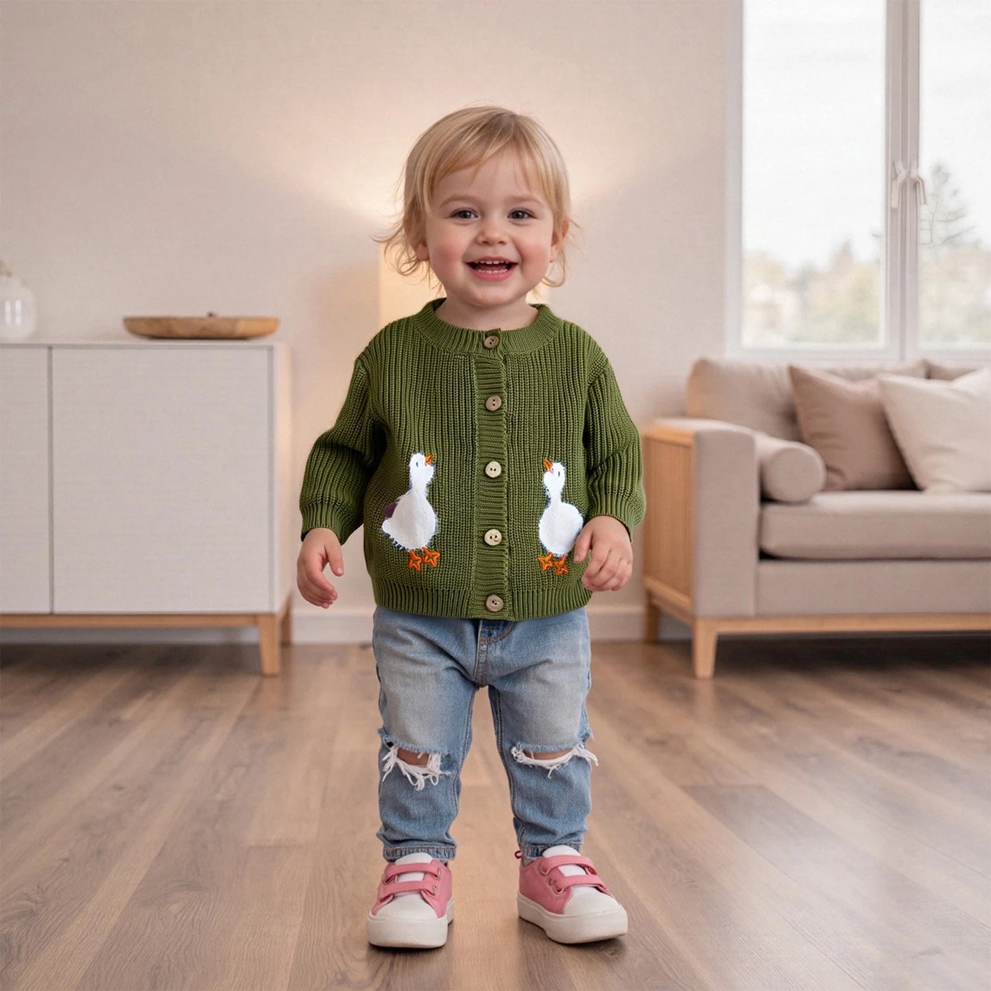 Baby Toddler Boys Girls Fall Knit Cardigan Long Sleeve Button Down Goose Embroidery Warm Winter Sweater Clothes