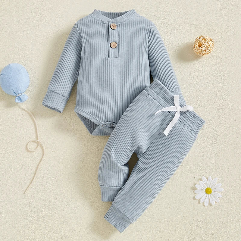 Baby Toddler Girl Boy 2Pcs Autumn Ribbed Clothes Sets Long Sleeve Bodysuits + Elastic Pants 2PCs Outfit