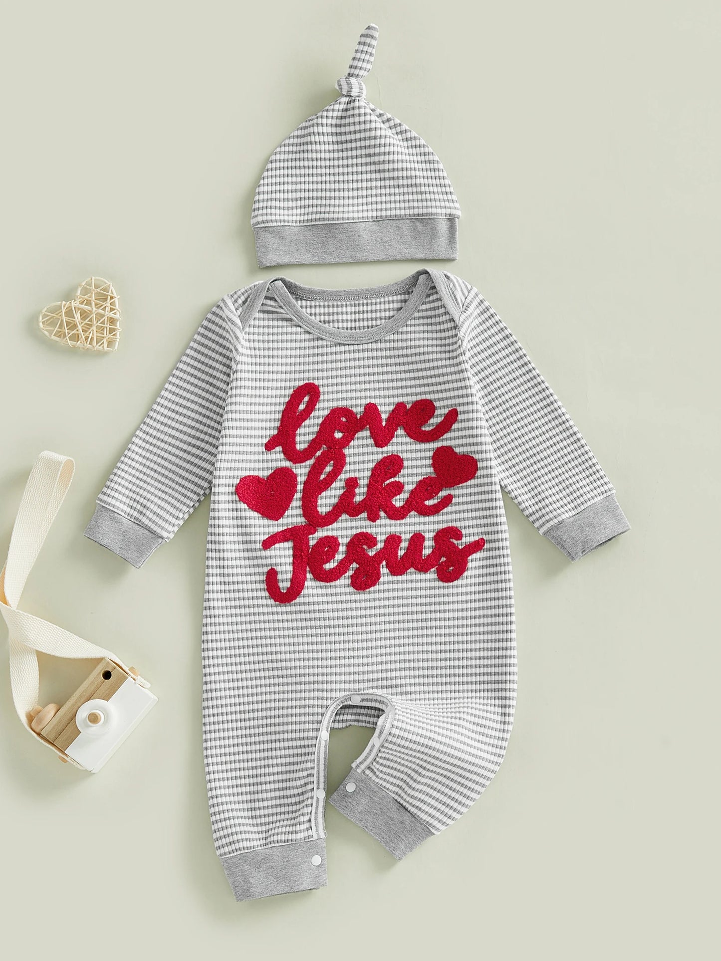 Baby Boys Girls 2Pcs Valentine's Day Romper Love Like Jesus Striped Heart Letter Embroidered Long Sleeve Jumpsuit Knotted Hat Set