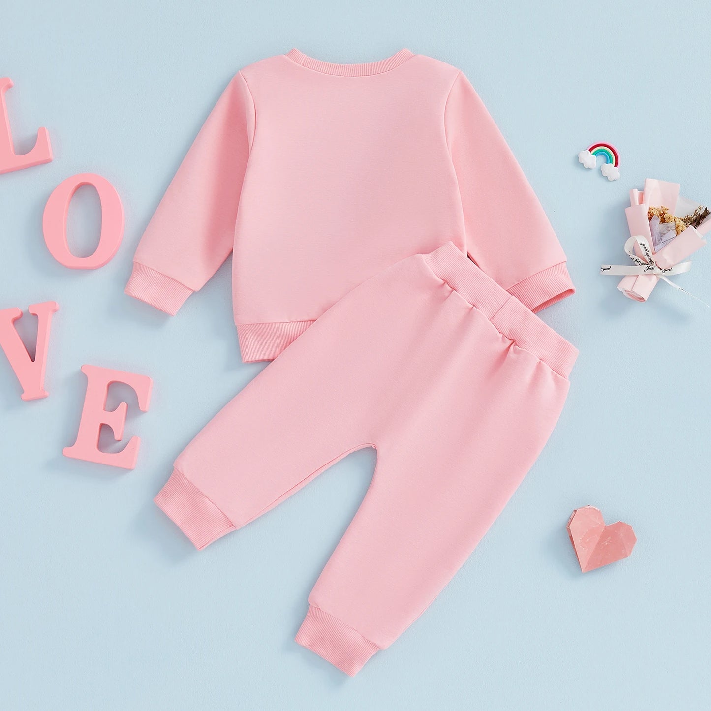 Baby Toddler Girls 2Pcs Valentine's Outfit LOVE Letter Embroidered Long Sleeve Top and Heart Embroidered Pants Jogger Set