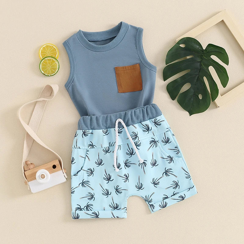 Toddler Baby Boys 2Pcs Summer Shorts Set Sleeveless Tank Top wth Pocket and Tropical Palm Tree Print Shorts Set