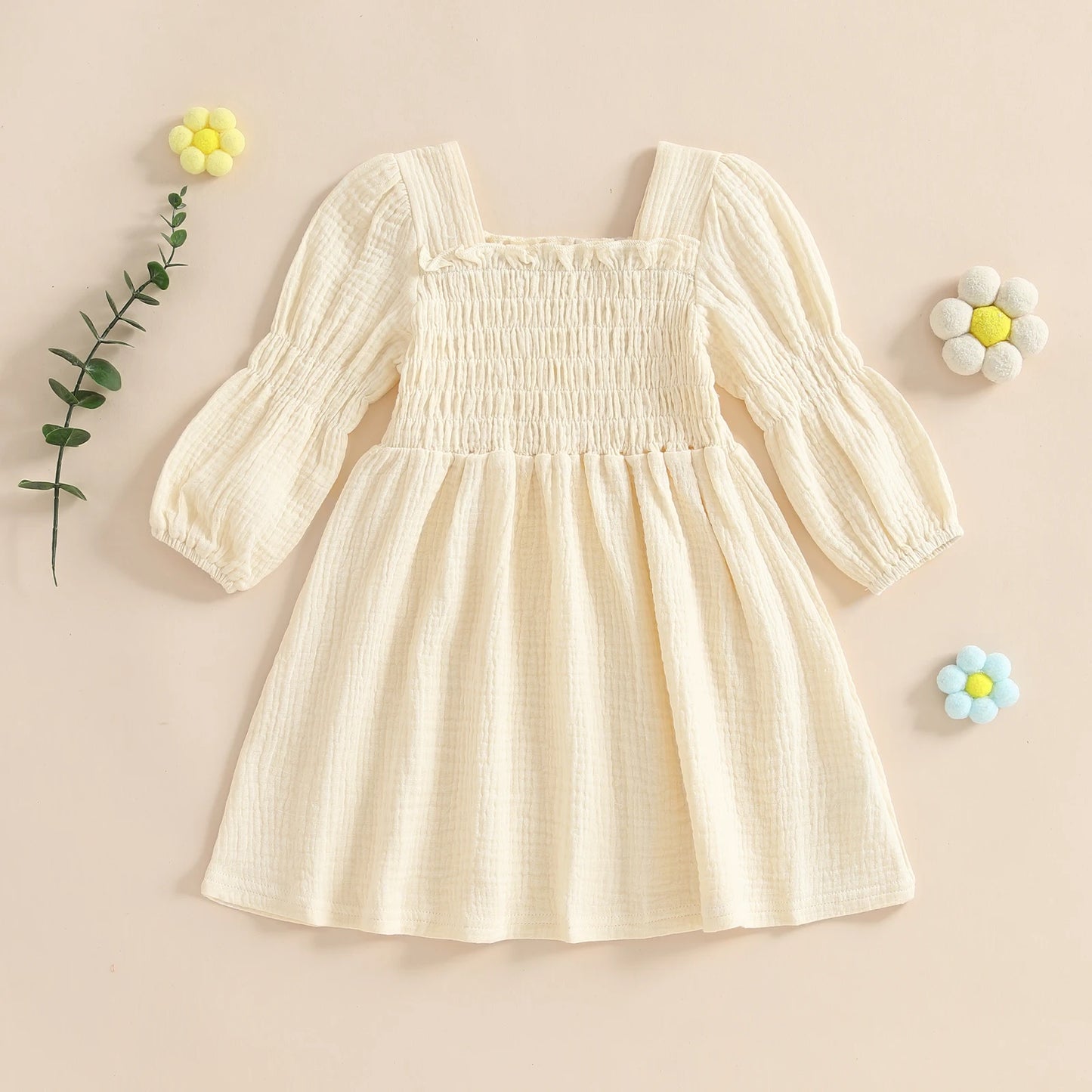 Baby Toddler Girl Bubble Sleeve Dress Stylish Solid Smocked Square Neck Long Sleeve A Line Dress
