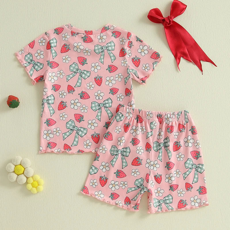 Baby Toddler Girls 2Pcs Summer Spring Outfit Short Sleeve Bow Strawberry Flower Floral Print Top + Shorts Set Clothes