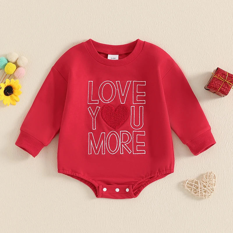 Baby Boys Girls Love You More Valentine's Day Romper Heart Letter Embroidery Long Sleeve Bubble Valentines Jumpsuit